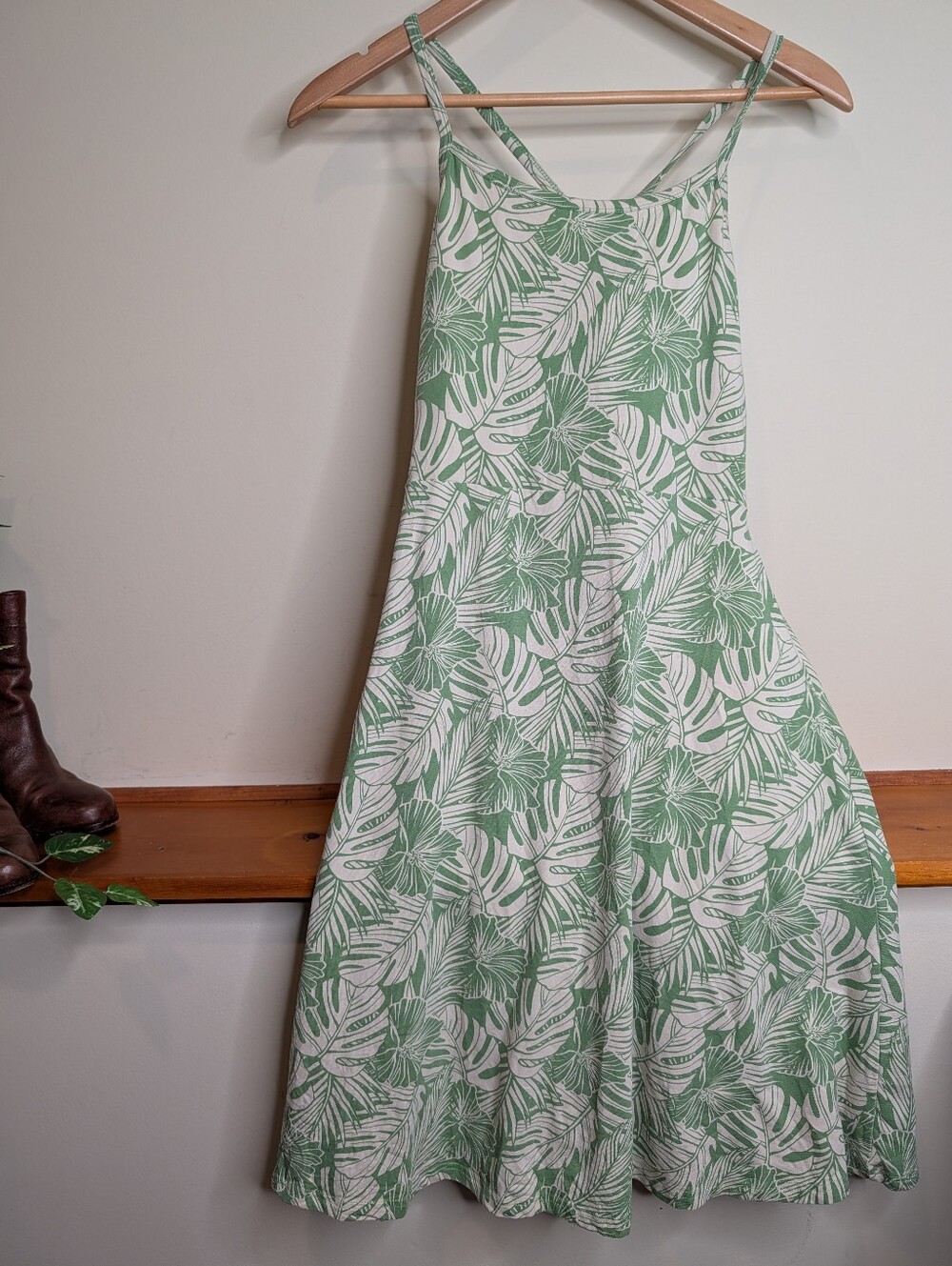 Pact Green Palm Leaf Print Cross Back Fit & Flare Dress Organic Cotton L